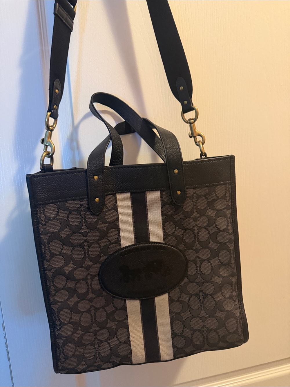 Coach Monogram Tote with Center Stripe — Black & Gray